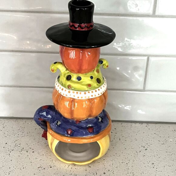 Halloween Porcelain Stacked Pumpkins Jack O Lanterns Tea Light Candle 11" x 5.5" - Picture 3 of 8